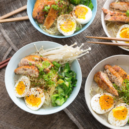 Winter Chicken Ramenwith Choy Sum, Soft-Boiled Eggs and Miso Broth