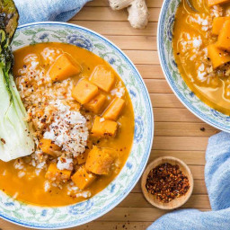 Winter Squash Soup with Sticky Rice & Sesame Bok Choy