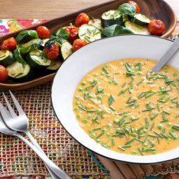 Wisconsin-Style Potato and Cheddar Soupwith Roasted Zucchini and Cherry Tom
