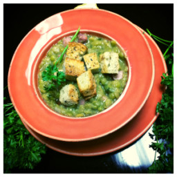 Witch's Brew (Rustic Split Pea Soup with Crispy Garlic Croutons)