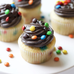 Yellow M and M Cupcakes with Dark Fudge Frosting