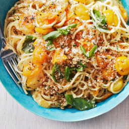Yellow Tomato Spaghetti with Buttered Almond Breadcrumbs