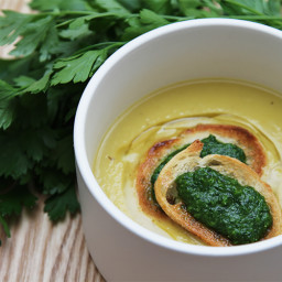 Yukon Gold potato-leek soup with parsley pesto crostini