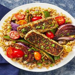 Za'atar-Crusted Grilling Cheese with Sumac Roasted Veggies over Couscous
