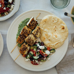 Za'atar Halibut Kebabs with Creamy Green Harissa and Shepherd Salad