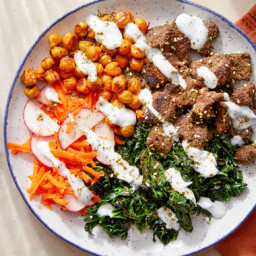 Za’atar-Spiced Beef Mezze Plate with Harissa-Roasted Chickpeas, Kale & 