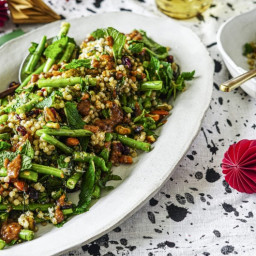 Zaatar spiced cous cous, nuts and green bean salad with feta and date dress