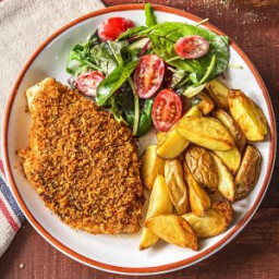 Zesty Breaded Chicken Breasts with Roasted Potatoes and Creamy Mixed Greens