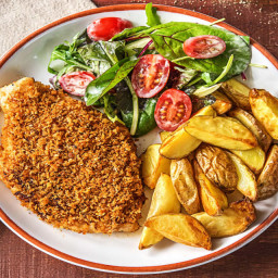 Zesty Breaded Chicken Breasts with Roasted Potatoes and Creamy Mixed Greens