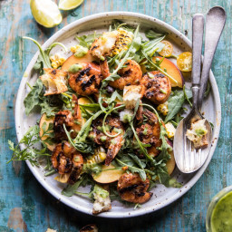 Zesty Grilled Shrimp, Bread and Sweet Peach Salad with Avocado Vinaigrette