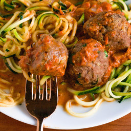 Zoodles with Turkey Meatballs in Roasted Red Pepper Sauce