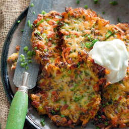 Zucchini and bacon fritters with garlic yoghurt