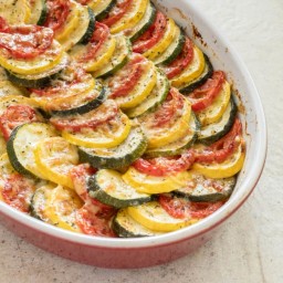 Zucchini and Tomato Tian with Caramelized Onions—Tian de Courgettes aux Tom
