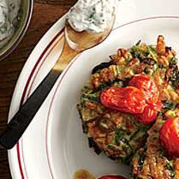 Zucchini-Farro Cakes & Herbed Goat Cheese & Slow-Roasted Tomatoes R