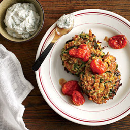 Zucchini-Farro Cakes with Herbed Goat Cheese and Slow-Roasted Tomatoes
