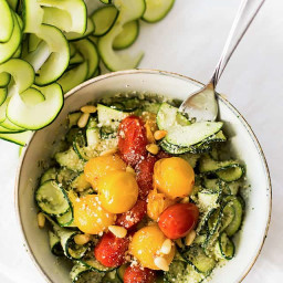 Zucchini Noodles with Creamy Pesto and Burst Tomatoes