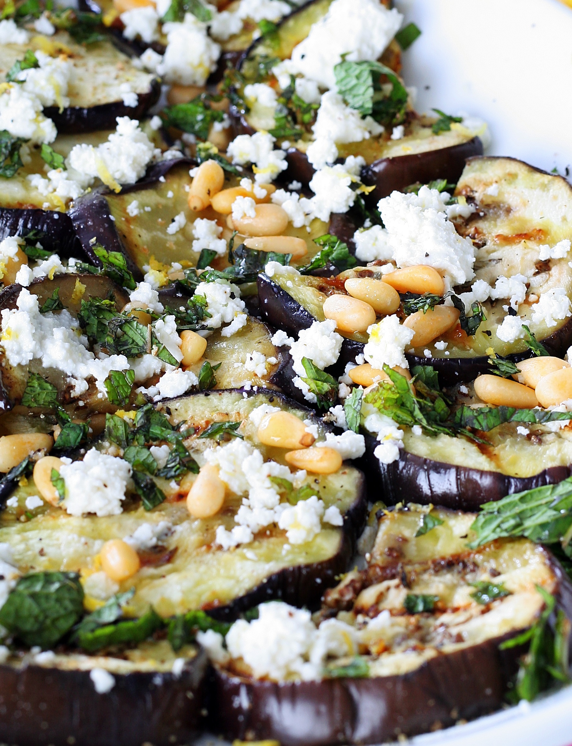 Grilled Eggplant Salad with Feta, Pine Nuts & Garlicky Yogurt Dressing