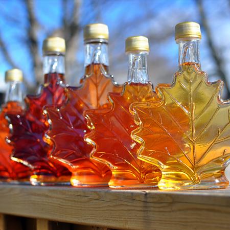 various maple syrup in mable leaf containers outside