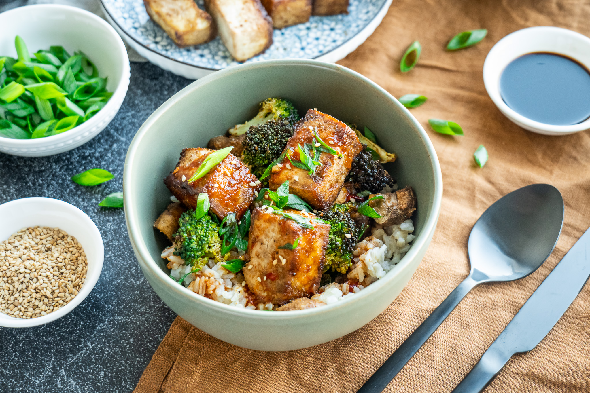 Air Fryer Tofu and Brown Rice Bowl