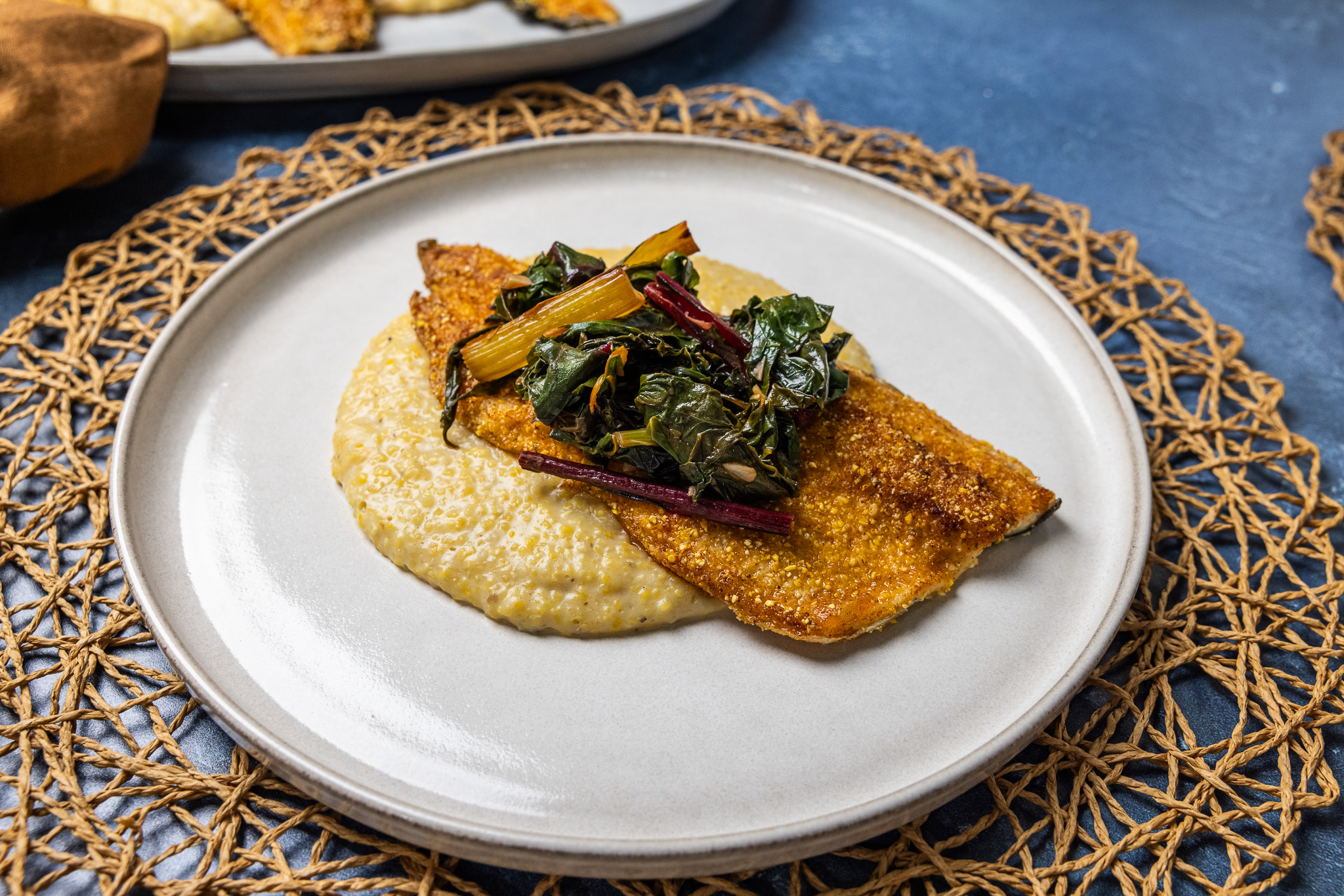 Crusted Trout & Grits with Rainbow Chard