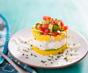 Peruvian Potato Cake With Prawns Avocado And Garlic Mayonnaise